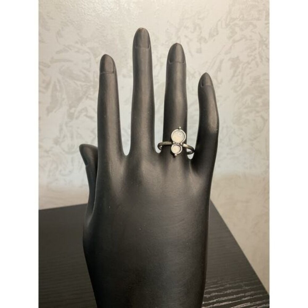 Silver Tone Ring With Faux Double White Opal-Like Stone Setting